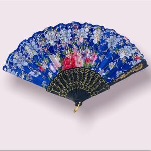 Blue Floral Gold Accents Costume Hand Fan
